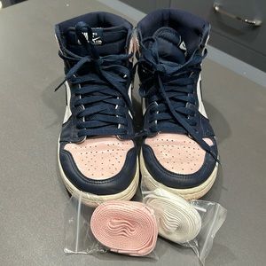Nike Air Jordan Retro 1 hightop in Navy and Pink ( pink shimmer on top of toe )